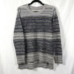 Lucky Brand Sweater Womens Sz M Blue/Gray Striped Open Knit Side Lace Crew Neck